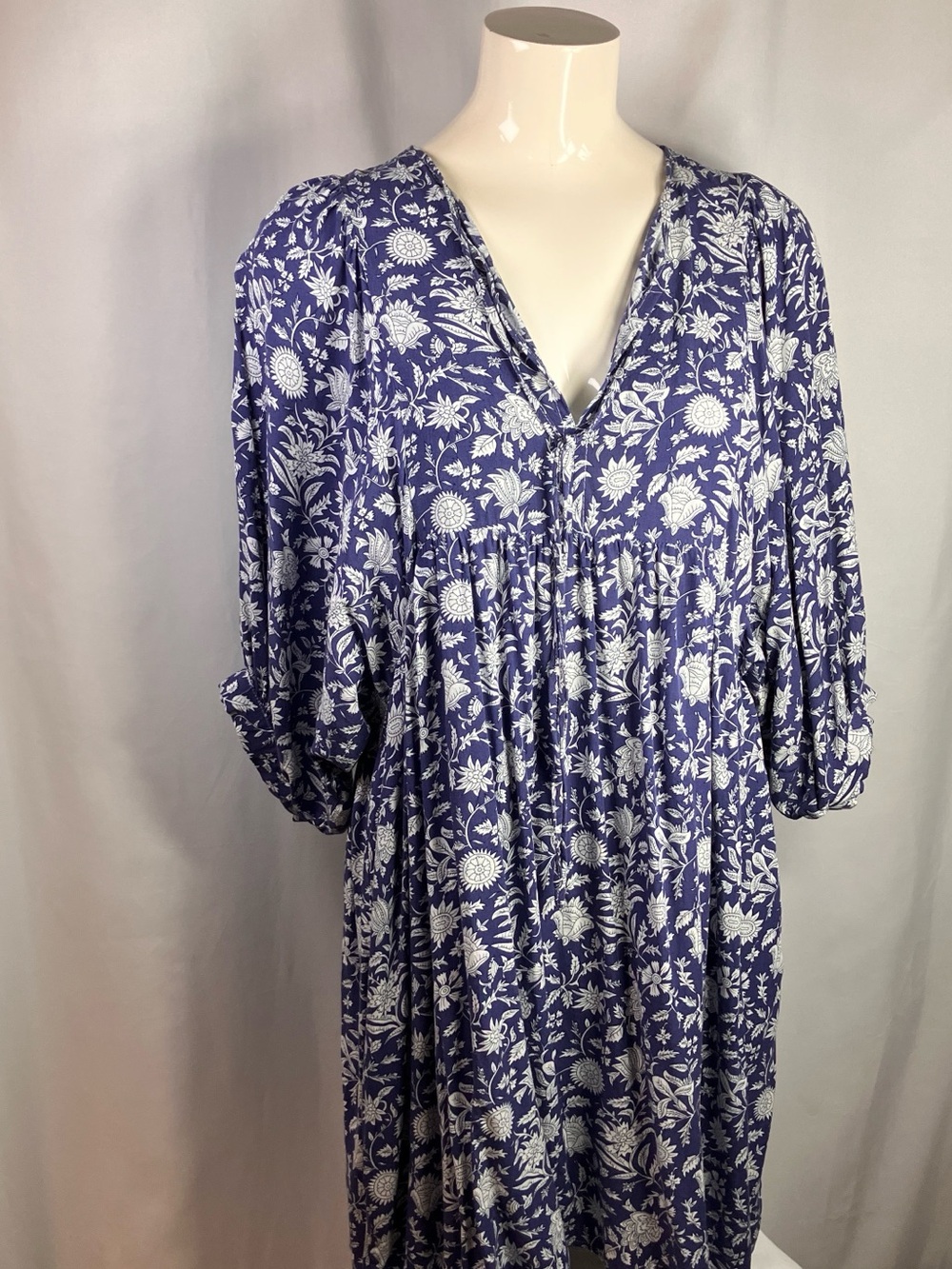 Boho Floral Print Mini Dress Blue Babydoll Large (fits like M/S)